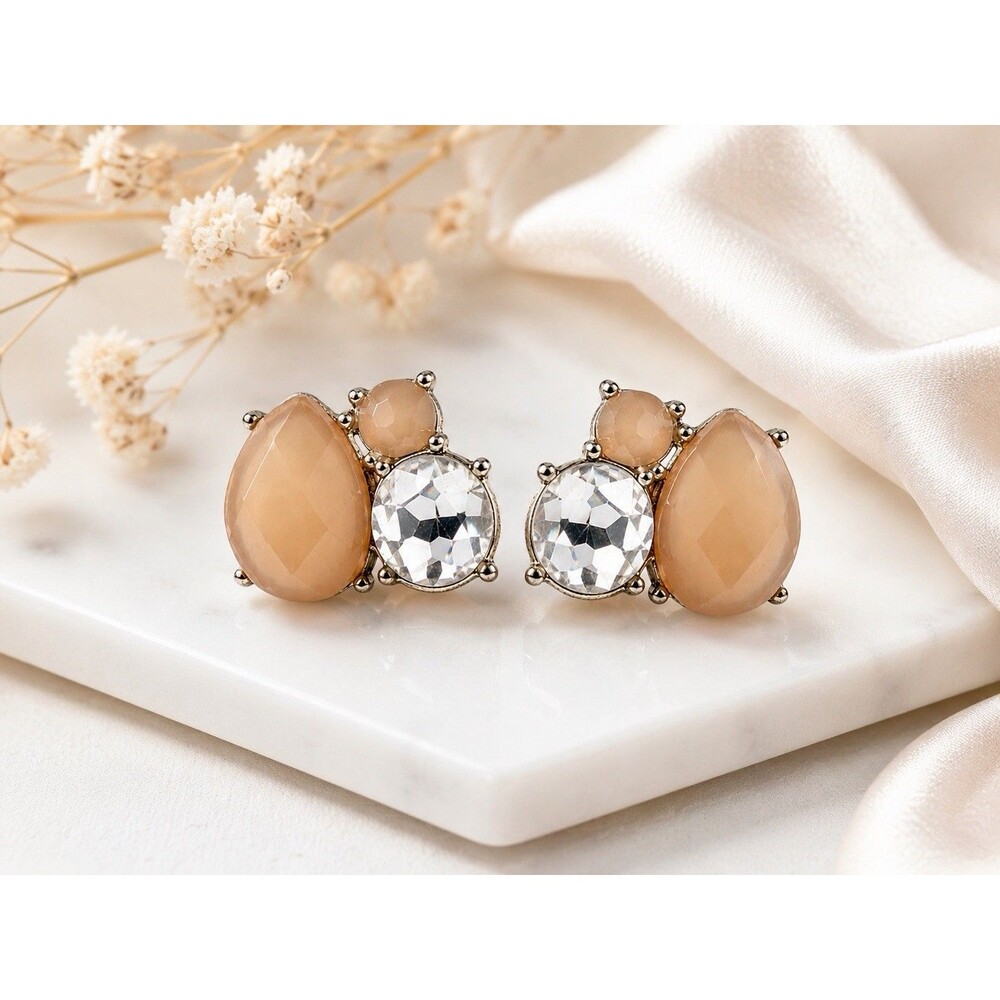Vintage Blush Pink Faceted Statement Earrings Silver Tone Rhinestone Cluster